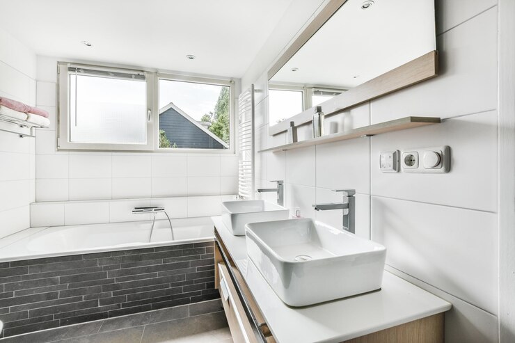 Modern bathroom with a bathtub, dual sinks, and minimalist design, featuring large windows and a sleek wooden vanity